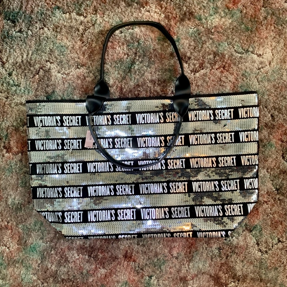 Victoria’s Secret sequin Tote Bag Purse Black Silver NWT